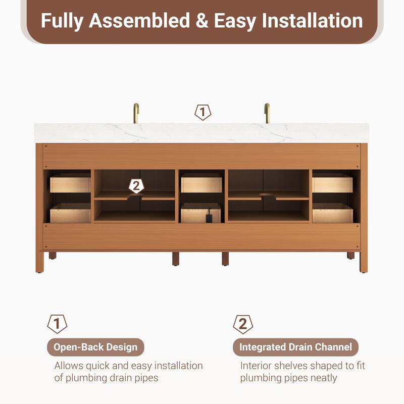 84" Freestanding Bathroom Vanity with Engineered Stone Top, Ceramic Double-Sink, Built-In Power Outlet, and Hair Dryer Storage