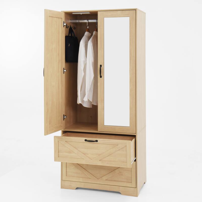 2 Door Wood Wardrobe for Bedroom with Hanging Clothing Rod inside the Cabinet and 2 Drawers for Storage Organization