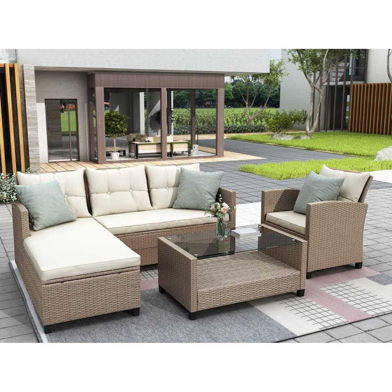Outdoor Patio Ratten Sectional Sofa Set with Floating Glass Surface