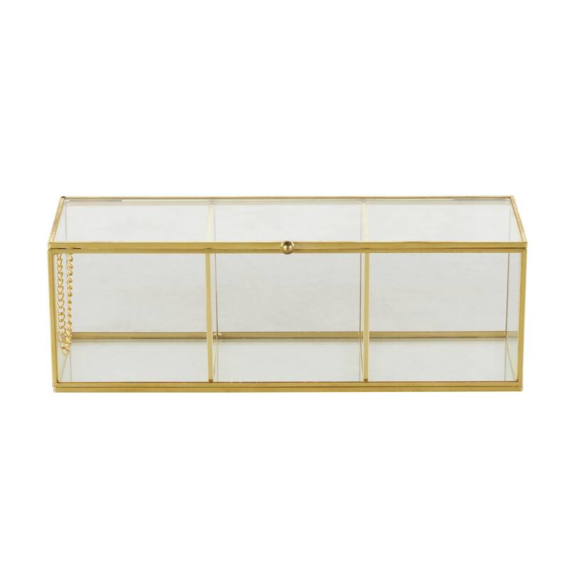 Glass Slim Rectangular 3 Slot Decorative Jewelry Box with Gold Metal Frame and Chain Accent - Clear - Roche River Decor