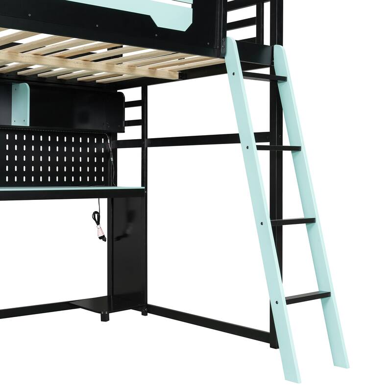 Full Size Wood Loft Bed with Storage Desk Shelves and LED Lights