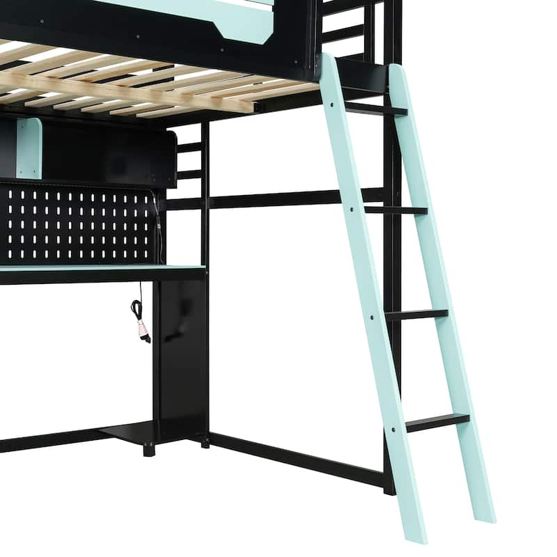 Gaming Loft Bed Full Size Wood Loft Bed with Pegboard PC Desk Computer Case Stand Charging Station LED Lights for Gamers