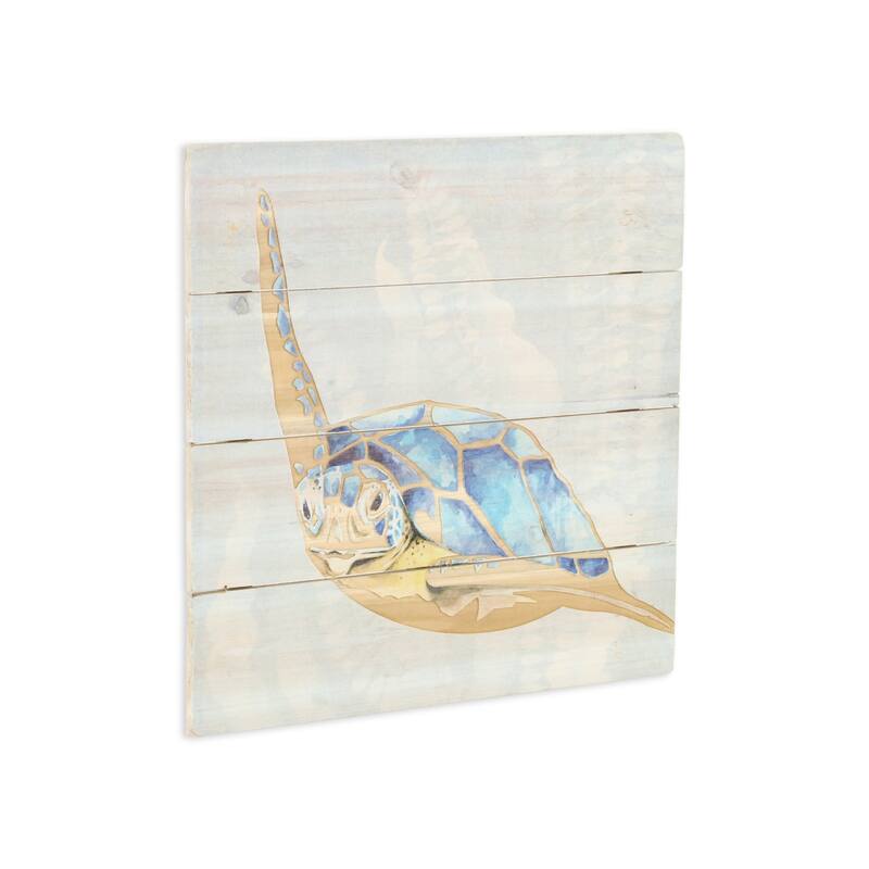 Swimming Sea Turtle Wooden Wall Art - Blue and Beige - 15.75" x 15.75"