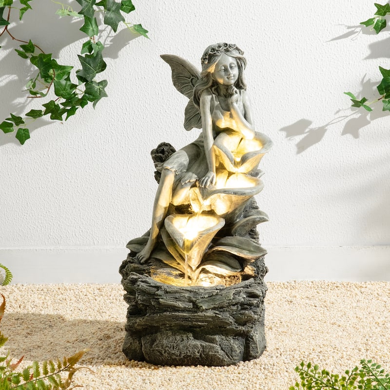Glitzhome 22"H 4-Tiered LED Lighted Mermaid Fairy Polyresin Outdoor Floor Statue Fountains