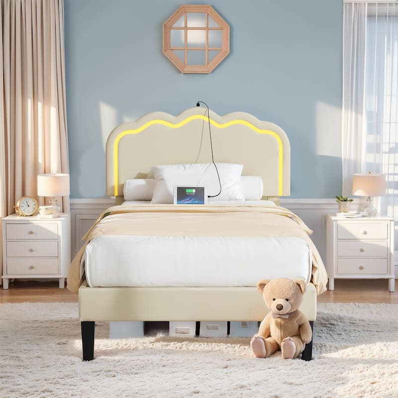 VECELO Luxury Velvet Smart Bed Frame with RGB Headboard & USB/Type-C Charging Height-Adjustable Headboard