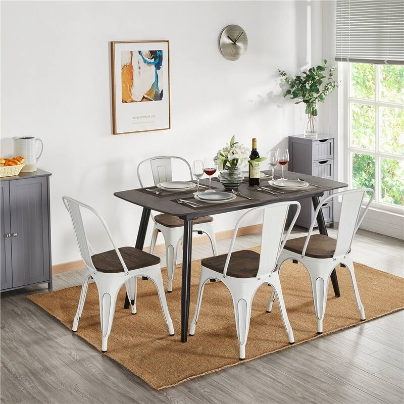 Yaheetech Set of 4 Metal Dining Chair with Wooden Stackable Chairs - White