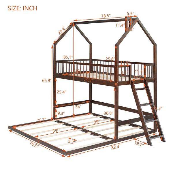 dimension image slide 0 of 3, Twin Over Twin-Twin House Bunk Bed with Extending Trundle for 3 Kids/Adults, Convertible Solid Wood Triple Bunkbed w/Guardrail