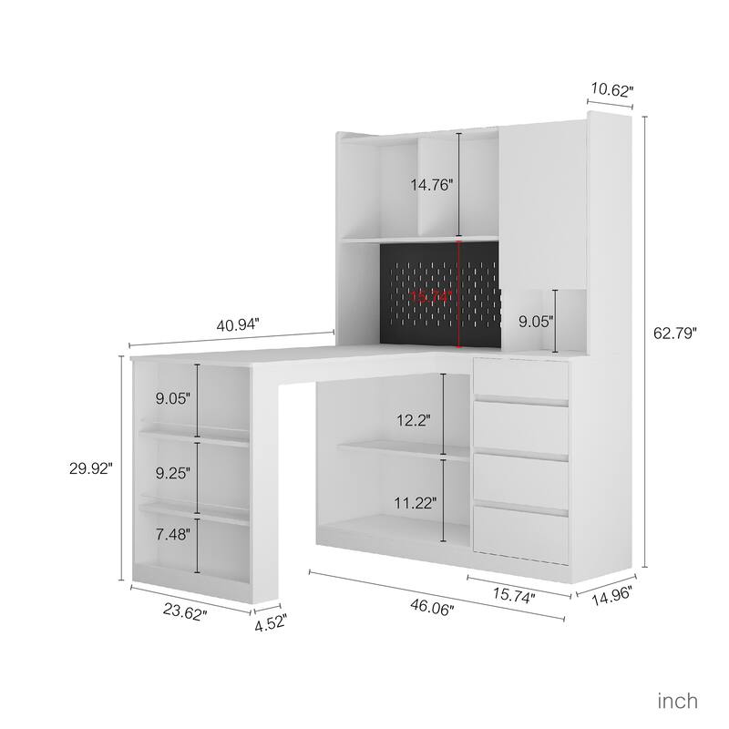 L Shaped Desk with Charger and LED Light, Corner Computer Desk with Drawers Bookshelf and Storage for Home Office