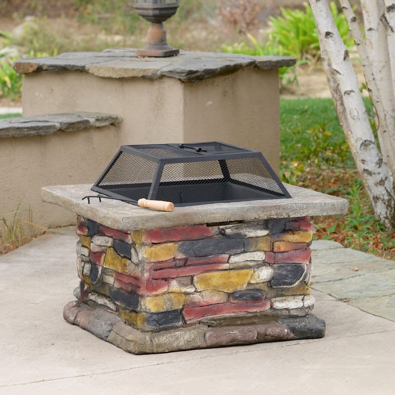 Roomfitters Outdoor Stone Finish Fire Pit with Mesh Screen, Heavy-Duty Fire Bowl, Perfect for Patio, Deck, and Garden Gatherings