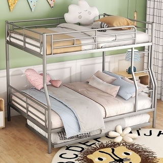 Industrial Modern Full XL over Queen Metal Bunk Bed with Trundle, Save Space or Split Into 2 Beds, Crafted For Safety, Silver