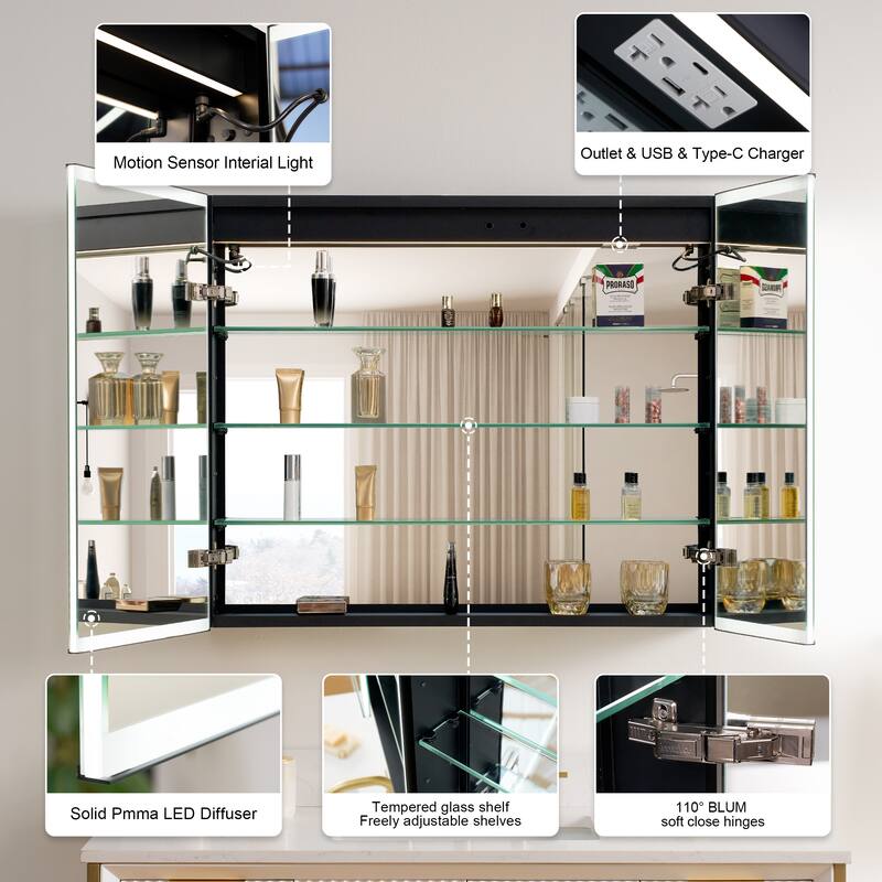 30'' H Recessed Or Surface Wall Mounted LED Mirror Cabinet With Mirror And Adjustable Shelves,Black Frame
