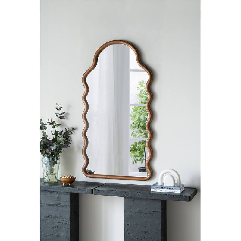 Arch Wall Mirror 55 Inches Height Solid Pine Wood Frame Unique Design - Brown