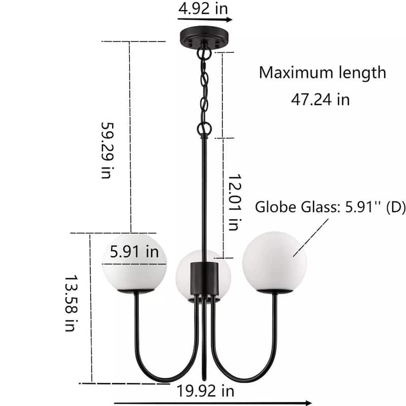 Glass Globe Chandelier Mid Century Pendant Ceiling Lights 3 Lights - 19" x 47"