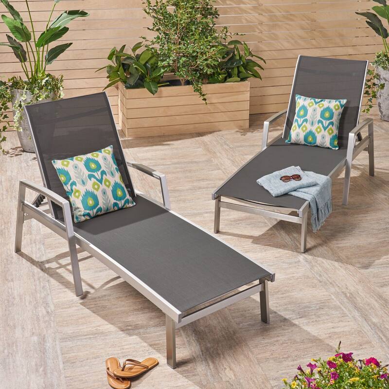Roomfitters Oaxton Outdoor Aluminum Chaise Lounge with Mesh Seat, Adjustable Recliner, Set of 2