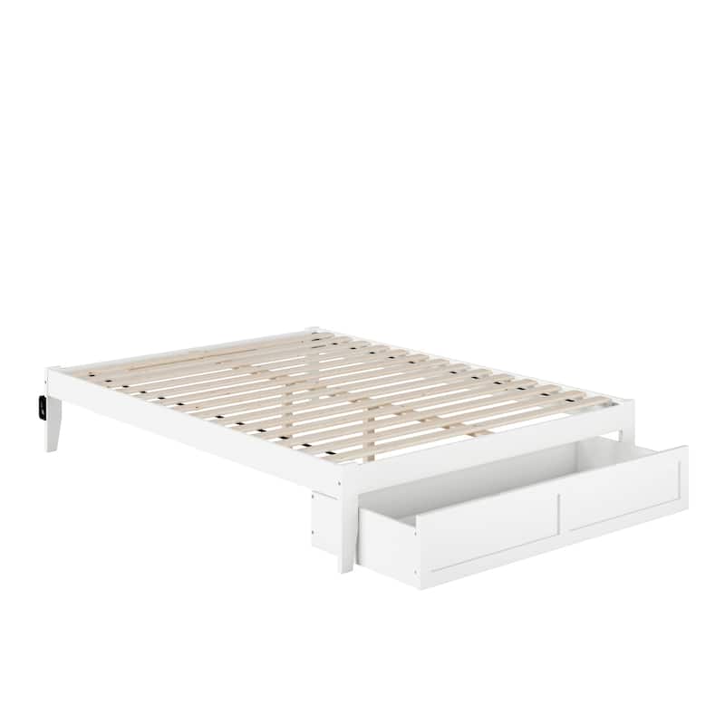 Bed with Foot Drawer & USB Charger - Elegant Storage Bed Frame, White - Slat Kit Included