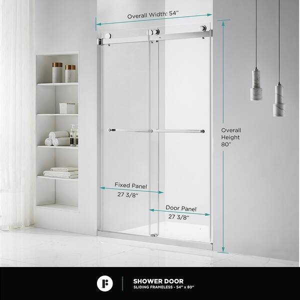 dimension image slide 5 of 25, Fine Fixtures Frameless Clear Sliding Bathroom Shower Door