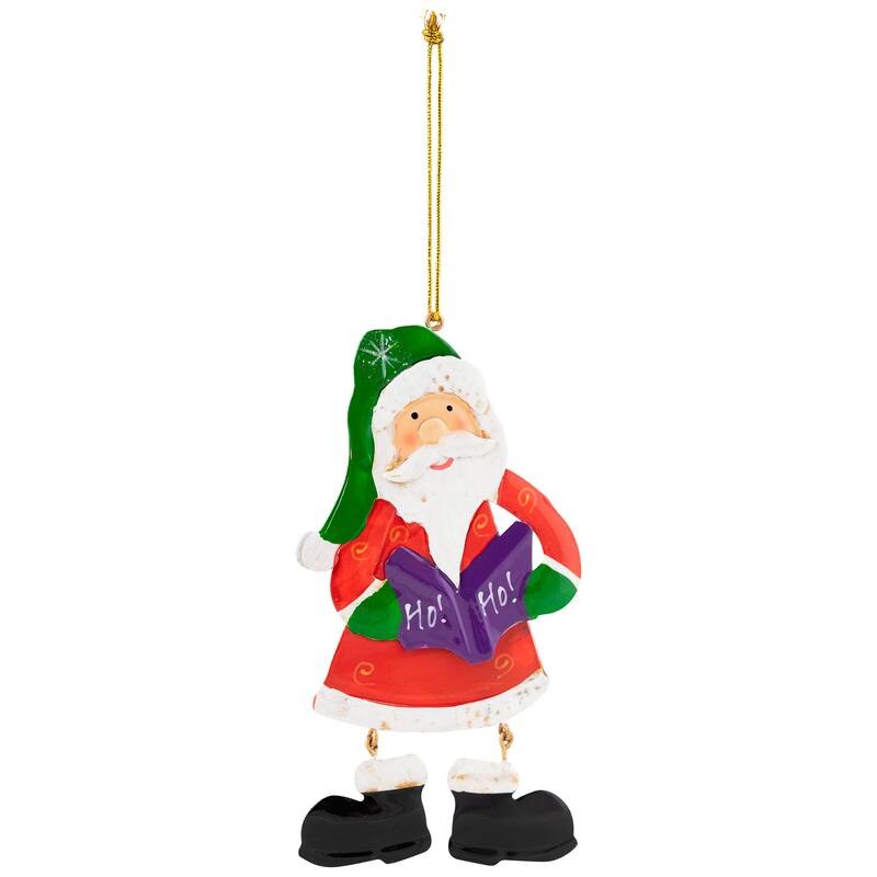 Glittered Ho Ho Caroling Santa Metal Christmas Ornaments - 5.5" - Set of 4