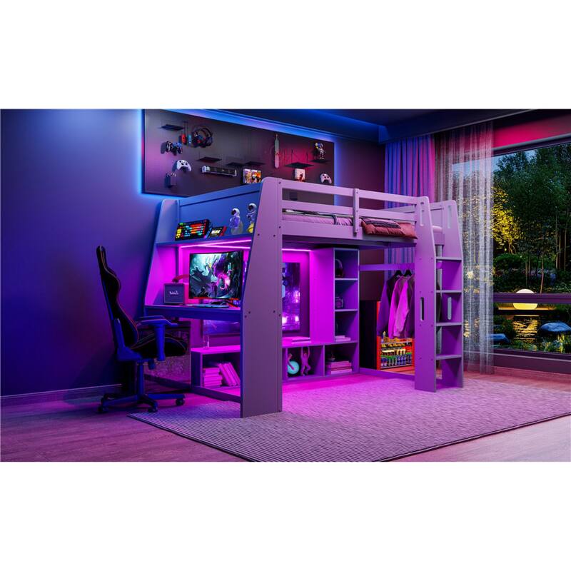 Roomfitters Twin/Full Gaming Loft Bed with Desk, Hanging Rack and LED Lights, Black and Red