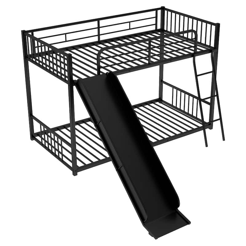 Black Twin over Twin Metal Bunk Bed with Slide, Ladder, and Fence