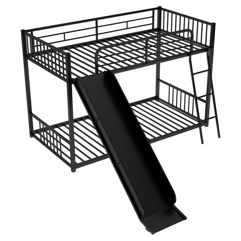 Twin over Twin Size Metal Bunk Bed with Slide, Ladder and Fence for Bedroom