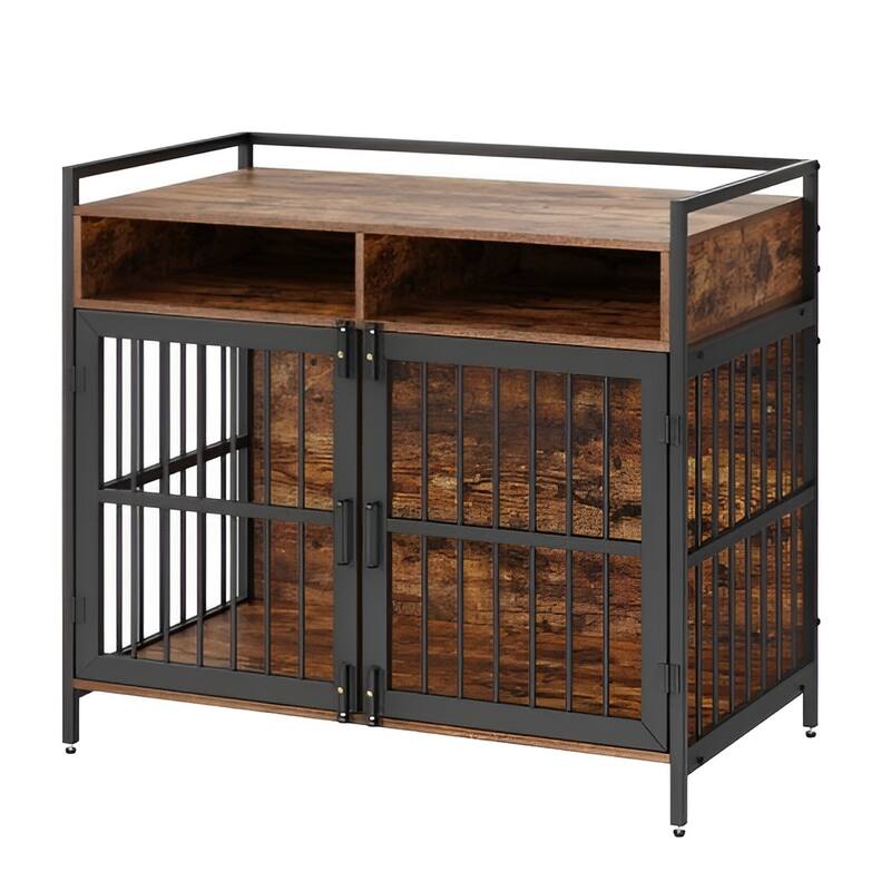Rustic Brown Wood Metal Dog Crate, Dual-Door Pet Furniture with Storage Shelf - 41” L x 23.6” W x 36.2” H