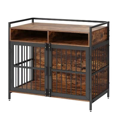 Rustic Brown Wood Metal Dog Crate, Dual-Door Pet Furniture with Storage Shelf - 41” L x 23.6” W x 36.2” H
