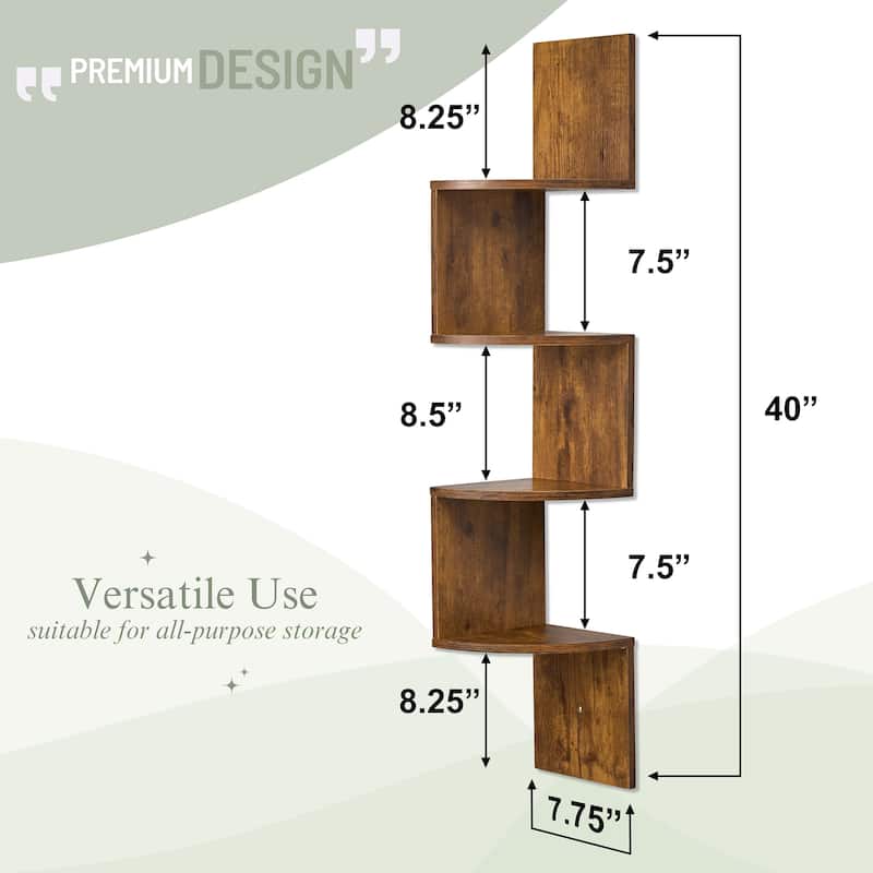 Sorbus 5-Tier Zig Zag Geometric Corner Wall Book Shelf Unit, Decorative Floating Wall Shelf