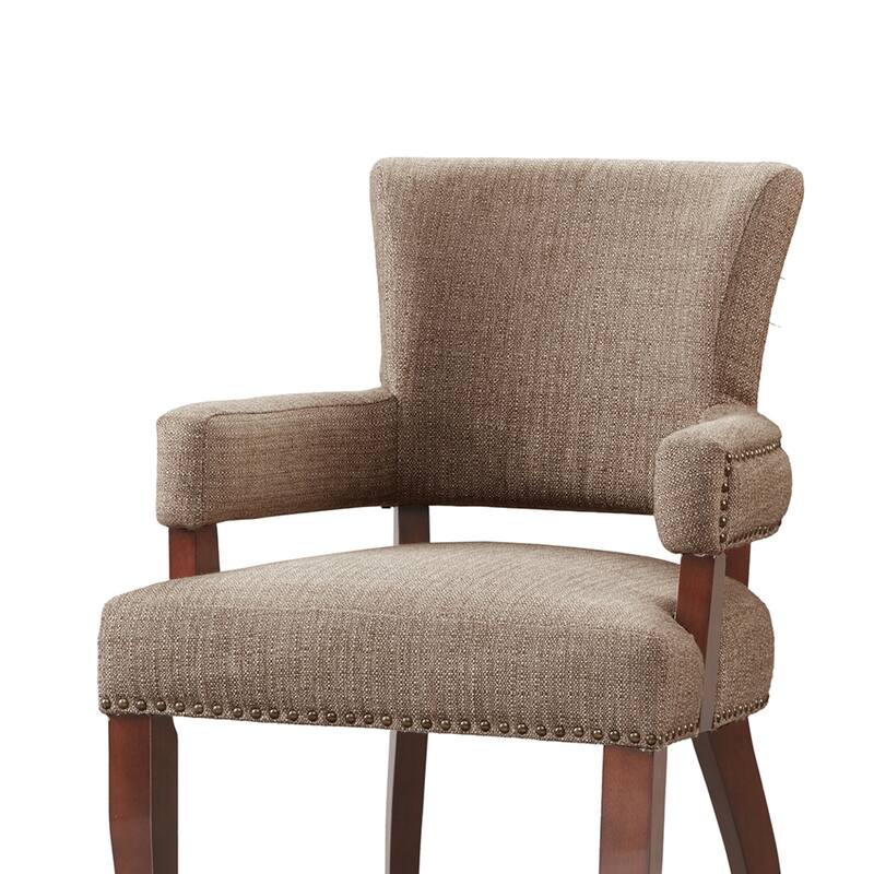 Roomfitters Arm Dining Chair, Faux-Textured Brown Upholstery with Brass Nailhead Trim and Espresso Birch Legs