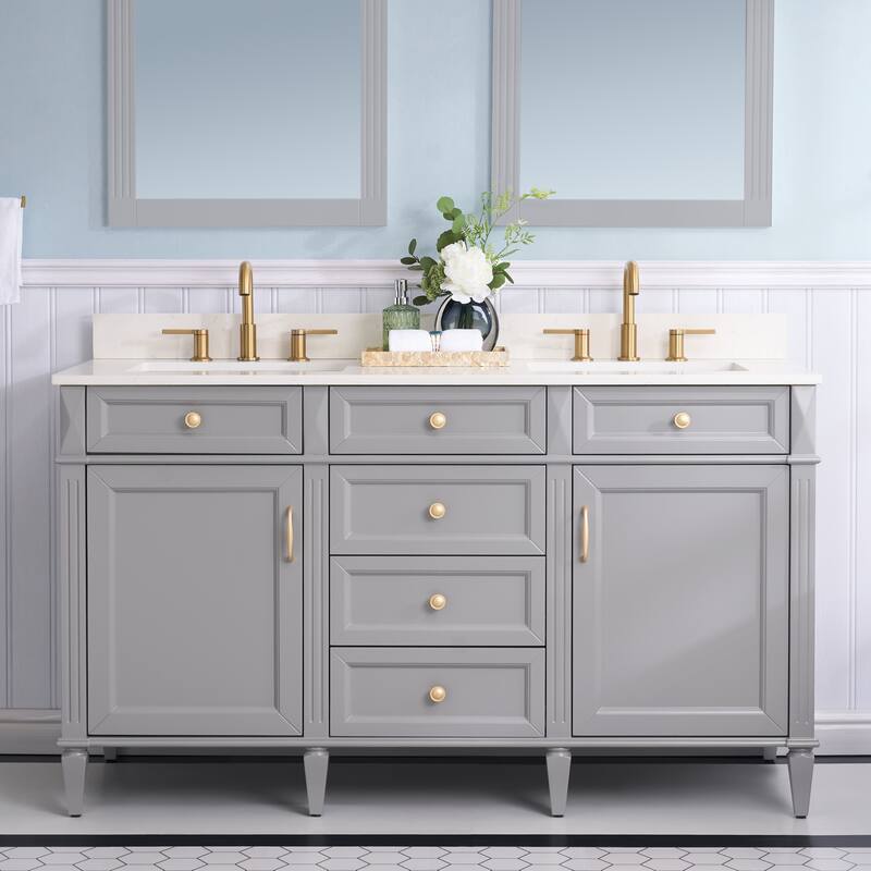 35''H Solid Wood Bath Vanity With Carrera White Quartz Top and Sink - 60''W - Grey