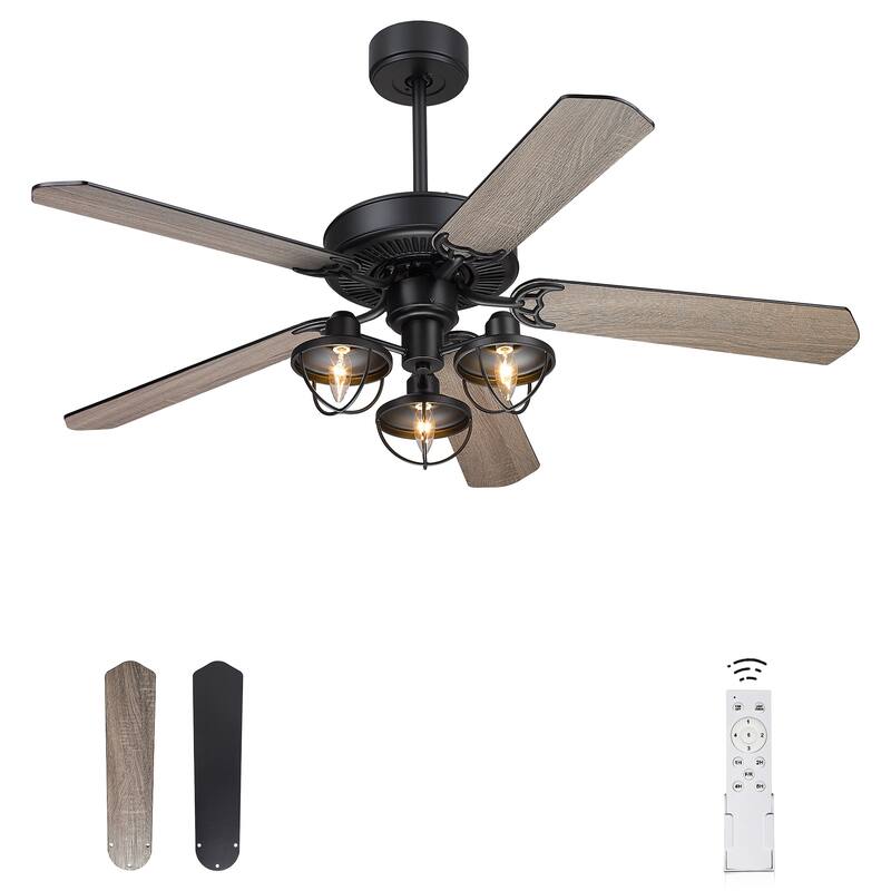 52-Inch Farmhouse Wooden Ceiling Fans with 3 Lights and Remote Control, 5-Reversible Blades Indoor/Outdoor