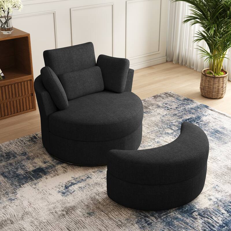 Oversized Upholstered Swivel Barrel Chairs with Storage Ottoman - Black