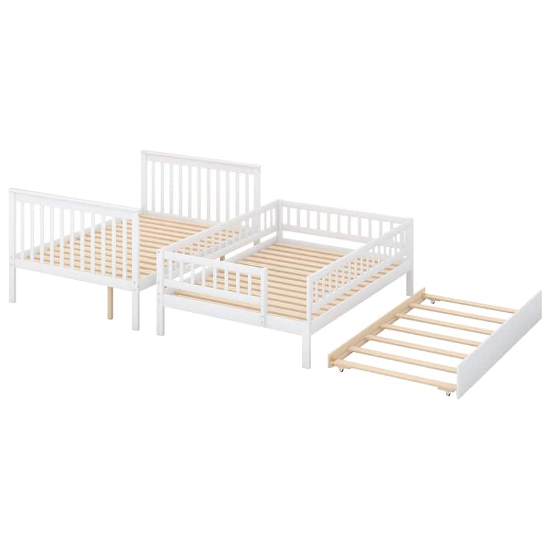 Full Over Full Bunk Bed with Trundle, Wooden Bunk Bed Frame with Storage Staircase & Guardrails, Convertible to Separate Beds