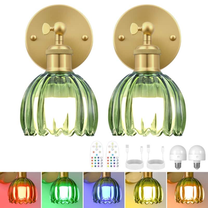 Adjustable Vintage Wall Sconce with Amber Tulip Glass Brass Fixture with Switch Ideal for Bedroom Hallway or Entry