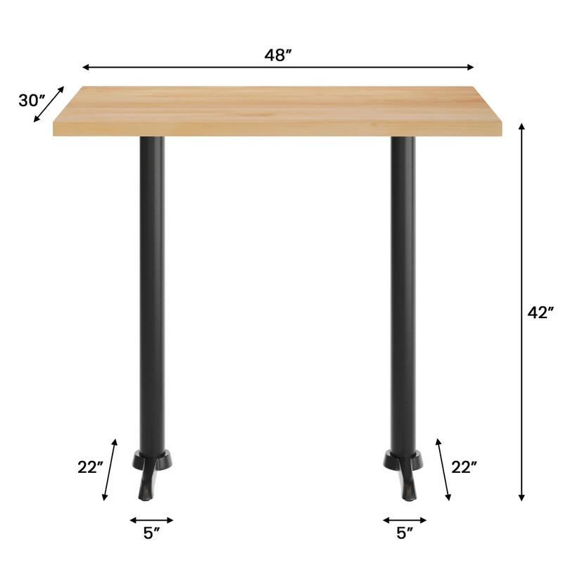 Rectangular Solid Wood Commercial Tabletop w/ Dual 22" x 22" Bar Height T-Bases - 30"W x 48"D x 42"H