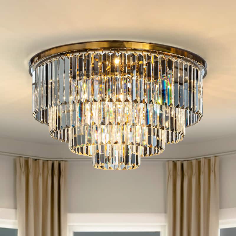 8-Lights Mid-Century Glam Modern 4-Tier Round Fringe Crystal Flush Mount Light For Living Room - W32''