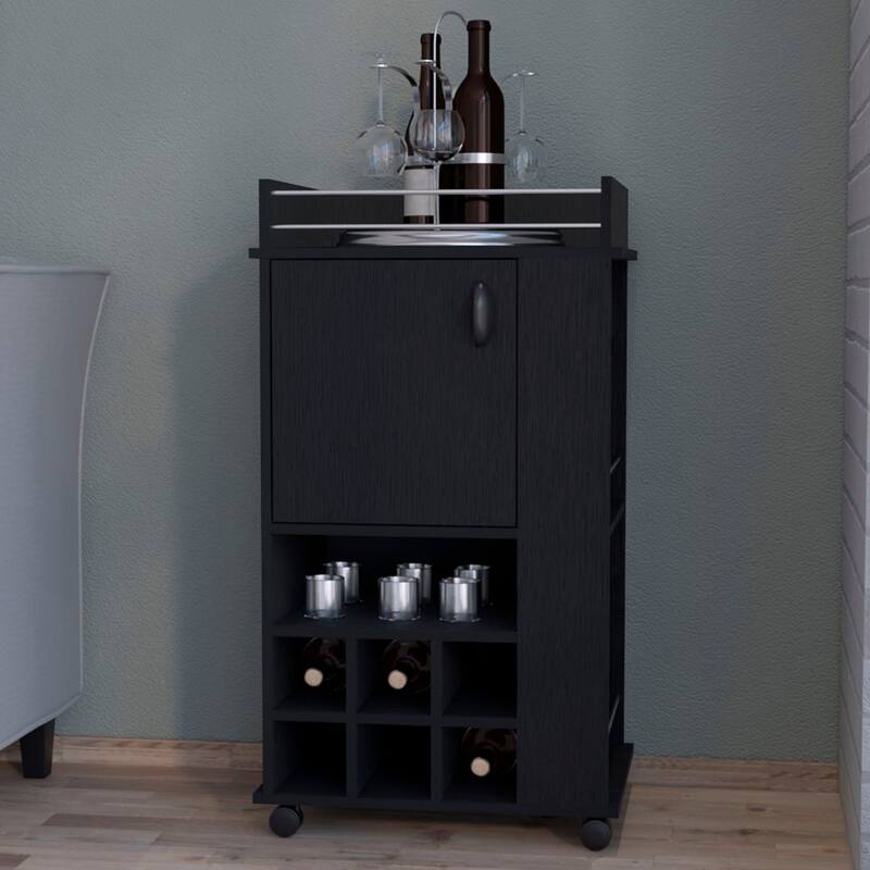 Rolling Bar Cart with 6 Wine Rack, White Finish, Pre-Drilled Holes & Easy Assembly for Home Use - Black