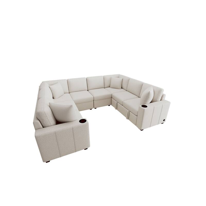 108.7" Chenille U-Shaped Sleeper Sectional Sofa Bed with USB & Cup Holders