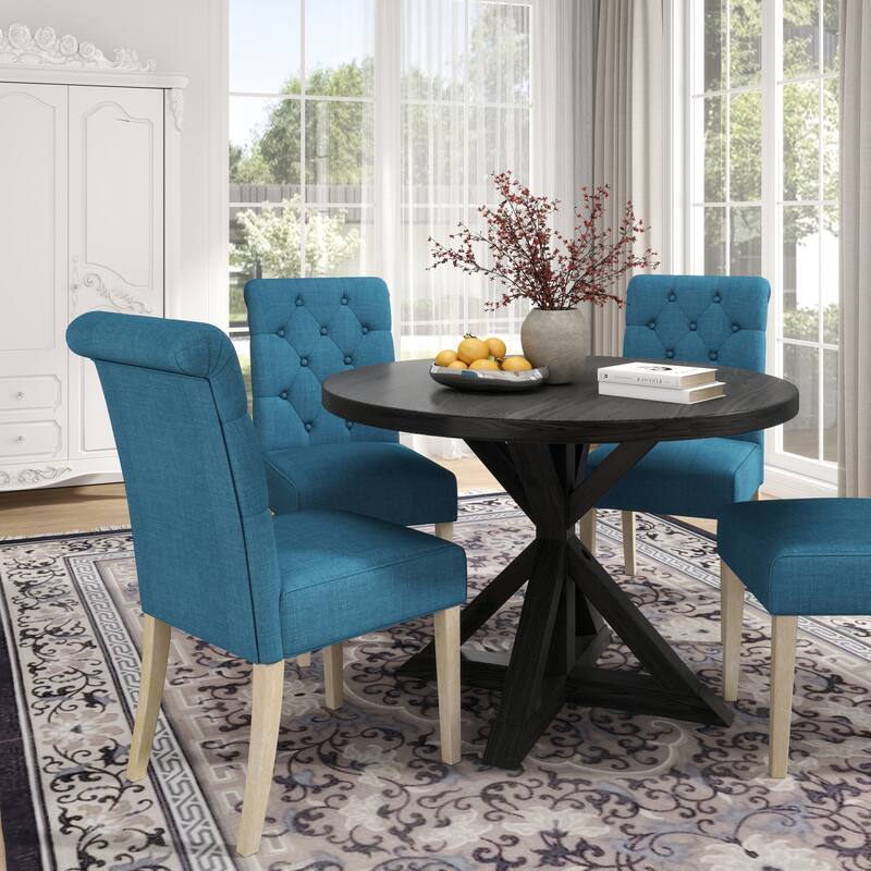 Button Tufted Upholstered Chairs, Round Kitchen Table with Cross Pedestal, Practical Table and Chair Set - Black Blue