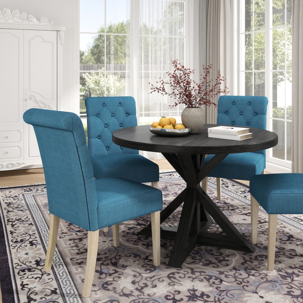 Button Tufted Upholstered Chairs, Round Kitchen Table with Cross Pedestal, Practical Table and Chair Set