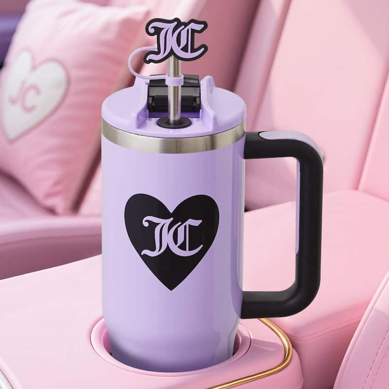 Juicy Couture Jetsetter Hydration Stainless Steel Tumbler with Handle and Straw With Topper