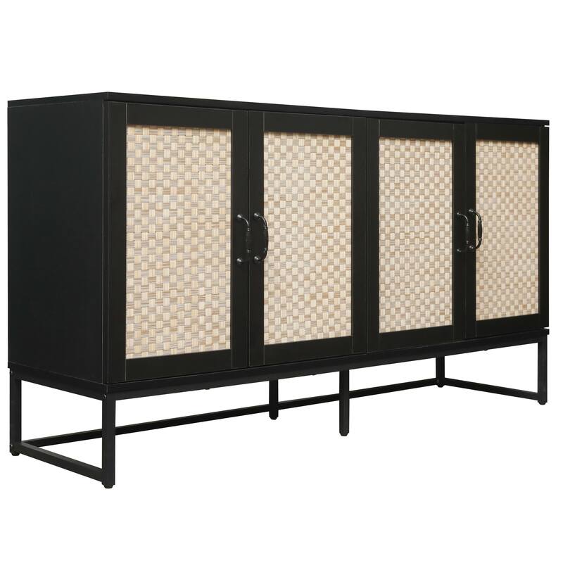 Engineered Rattan Buffet Accent Storage Cabinet 4-Door Sideboard with Adjustable Shelf, Cupboard Console Table Hallway Cabinet