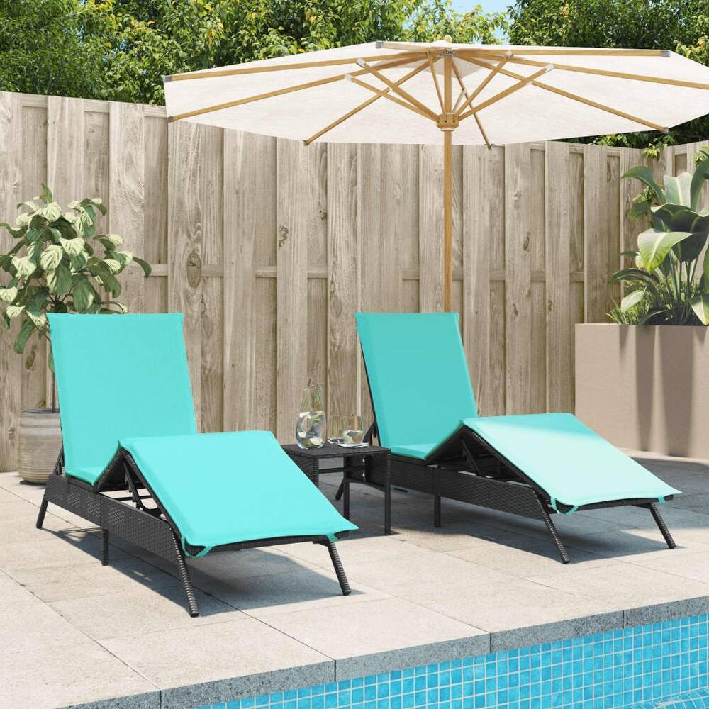 vidaXL Sun Loungers with Table Chaise Lounge 2 Pcs Poly Rattan Brown/Gray/Black - 23.2 x 78.7 x 33.5