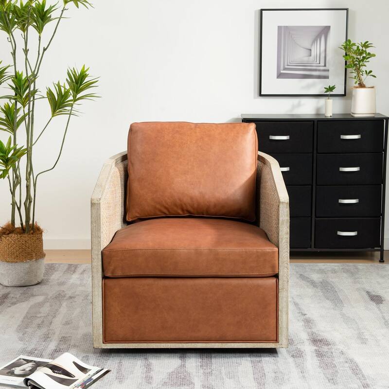 KINWELL 31"W Oak Frame Upholstered Swivel Barrel Armchair