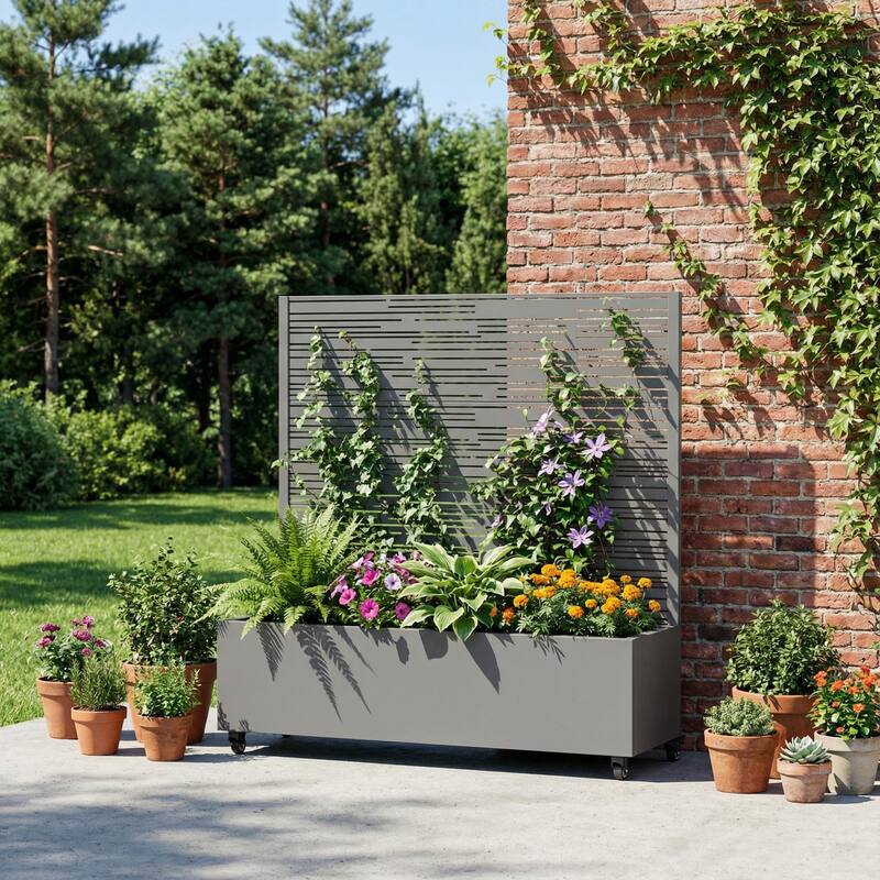 Raised Garden Bed Planter with Trellis Movable Planter Box with Lockable Wheels - 47*47 - Gary