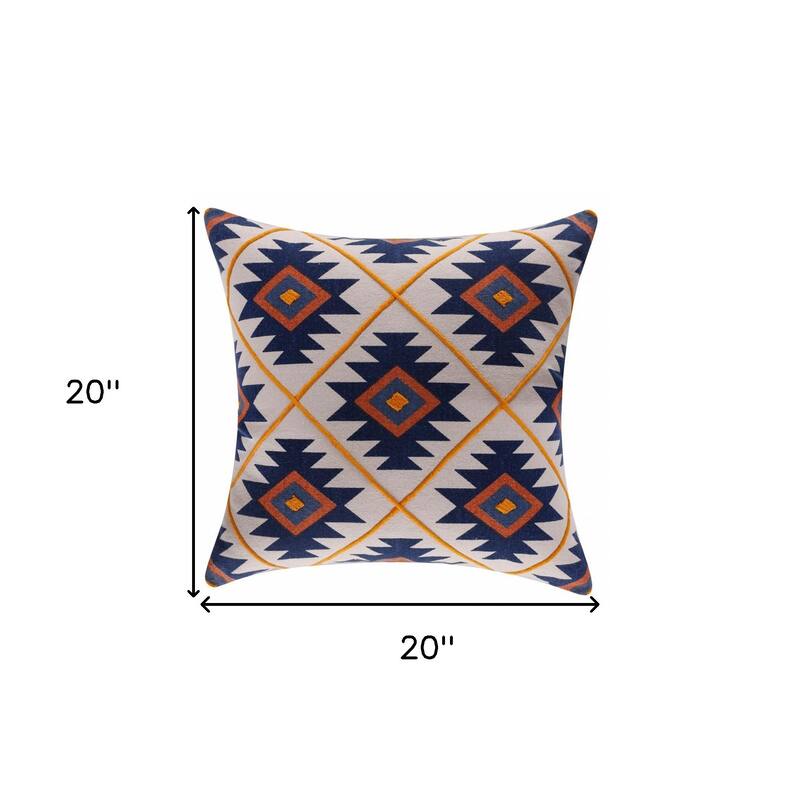 HomeRoots 20" X 20" Blue 100% Cotton Geometric Zippered Pillow