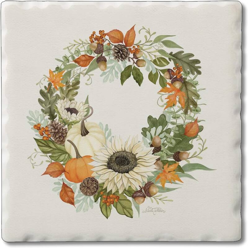 Stone Tumbled Tile Coasters, Farmhouse Wreath, Set of 4 - Multi