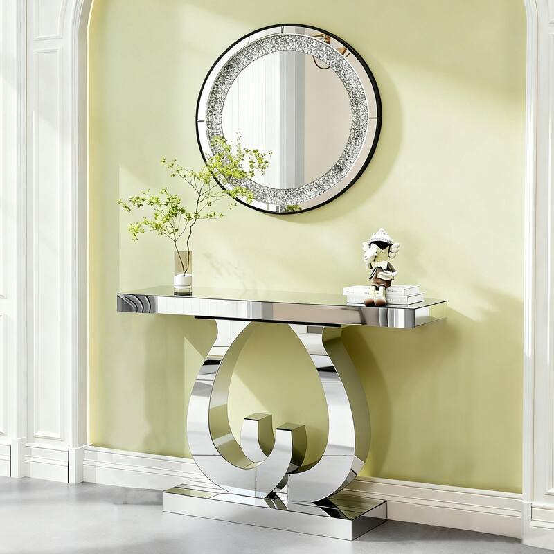 Modern Mirrored 39.37" Console Table, Glass Sofa Table with C-Shaped Base for Stylish Living Room Decor