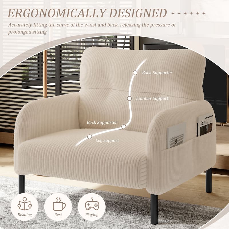 Corduroy Fabric, Comfortable Monochrome Single Person Wide Seat Chair, Suitable For Living Rooms And Bedrooms