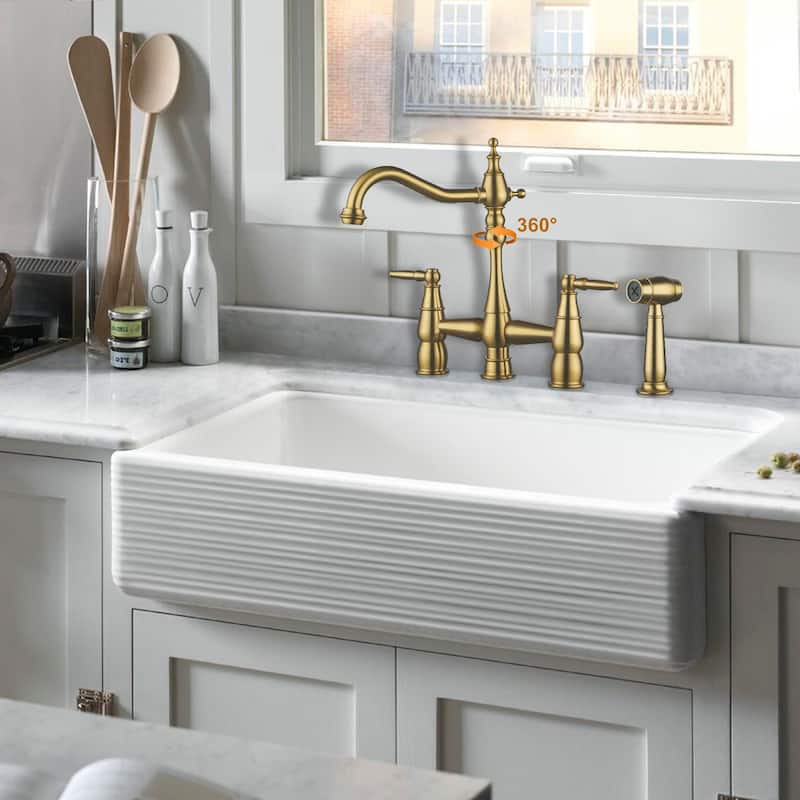WOWOW 4 Hole Double Handle Bridge Kitchen Faucet with Side Sprayer