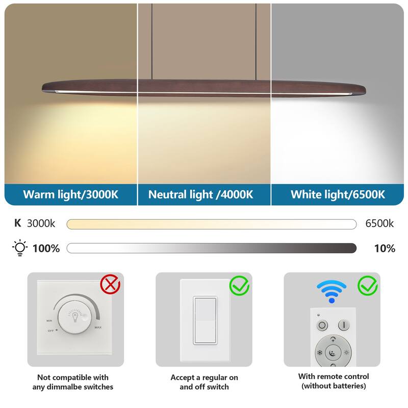 51" Wooden LED Pendant - Remote - Adjustable - Walnut - Dining Kitchen